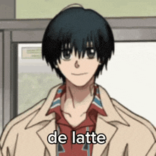 a man in a trench coat is standing in front of a window with the words de latte written on his face .