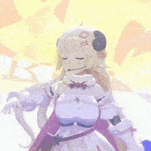 a girl with horns on her head is wearing a white dress and a microphone
