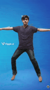 a man in a purple shirt is jumping in the air with his arms outstretched