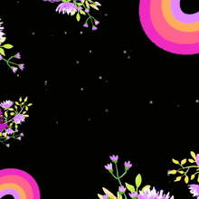 a sign with arabic writing on it is surrounded by colorful flowers