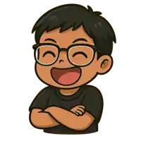 a cartoon of a boy wearing glasses and a black shirt with his arms crossed