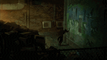 a dark alleyway with graffiti on the wall that says ' a '
