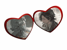 two red heart shaped mirrors with a picture of a man and a woman