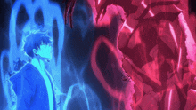 a man in a blue hoodie is standing in front of a red and blue monster