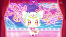 a cartoon character is standing on a stage in front of a curtain with hearts on it .