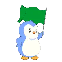 a blue and white penguin holding a green flag on a white background