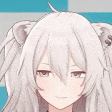 a close up of a cartoon character with white hair and ears