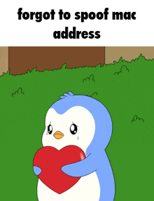 a cartoon of a penguin holding a red heart with the words " forgot to spoof mac address " below it