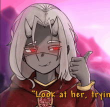 a drawing of a girl with horns giving a thumbs up and the words look at her tryin