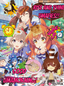a collage of anime characters with the words rise and shine umares on top