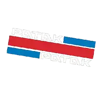 a red white and blue logo that says patak