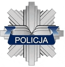 the logo for the polish police is a snowflake with a blue ribbon and the word policja on it .