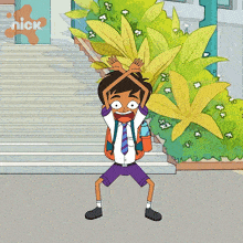 a cartoon of a boy with his arms in the air and a nick logo in the background