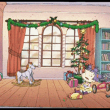 a cartoon scene of a room with a christmas tree and a rocking horse