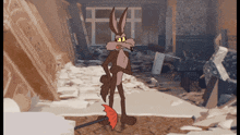 a cartoon of a coyote holding an umbrella standing in a messy room