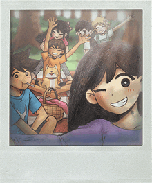 a polaroid picture of a group of children and a dog