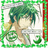 a man with green hair has a speech bubble that says you punch like a beast i like that about you