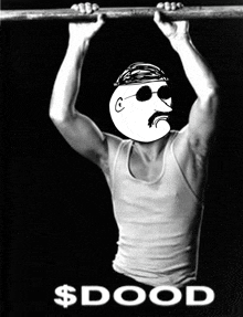 a black and white photo of a man doing pull ups with a dollar sign in the corner