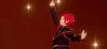 a cartoon character with red hair is wearing a black jacket with fringe .