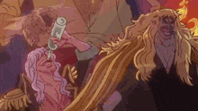 a cartoon of a man drinking from a bottle while standing next to another man with long hair .