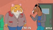 a cartoon character says i 'm in in front of a door