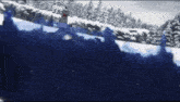 a snowy landscape with a few trees and a blue object in the middle