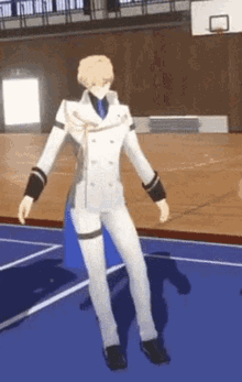 a person in a white suit is standing on a blue court