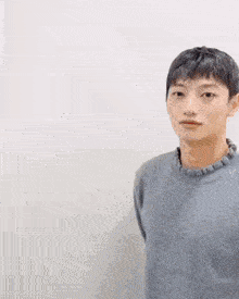 a young man wearing a grey sweater is standing in front of a white wall and looking at the camera .