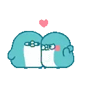 two penguins are hugging each other in a pixel art .