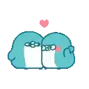 two penguins are hugging each other in a pixel art .