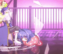 a pixel art of a girl with blue hair and a sword