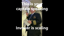 a man in a suit and tie is speaking into a walkie talkie with the caption " this is your captain speaking "