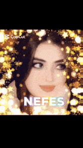 a woman 's face is surrounded by snowflakes and the word nefes is on the bottom