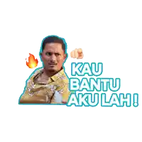 a sticker of a man pointing with the words kau bantu aku lah