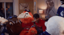 Nhl Mascots Sitting On Couch GIF - Nhl Mascots Sitting On Couch Mick E Moose GIFs