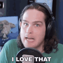 a man wearing headphones is saying i love that
