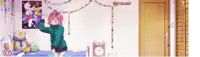a girl with pink hair is dancing in a bedroom with a teddy bear on the bed .