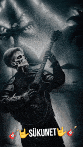 a poster of a skeleton playing a guitar with the word sukunet written below him