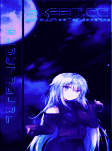 a girl with long blue hair is standing in front of a full moon and the word keet.cc