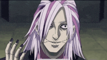 a cartoon character with purple hair and black nails has stitches on his face .
