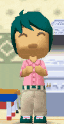 a cartoon character with a pink shirt and green hair