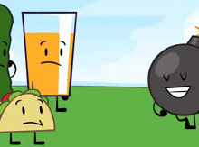 a cartoon of a taco a glass of orange juice and a bomb with faces