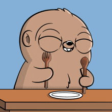a cartoon of a sloth holding a fork and a spoon