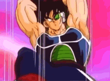 a cartoon character from dragon ball z is flying through the air with his arms outstretched .