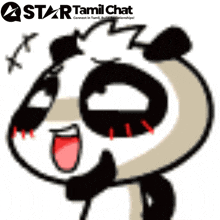 a cartoon of a panda bear with a star tamil chat logo in the background