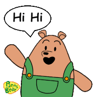 a cartoon of a bear says hi hi in a yellow speech bubble