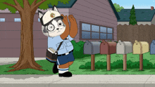 a cartoon illustration of a mailman standing in front of a row of mailboxes