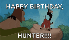 a cartoon of a llama standing on a rock with the caption happy birthday hunter !!!
