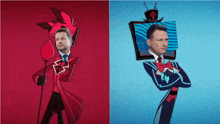 a cartoon of a man in a red coat and a cartoon of a man in a bow tie