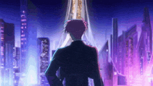 a man with pink hair stands in front of a futuristic city at night